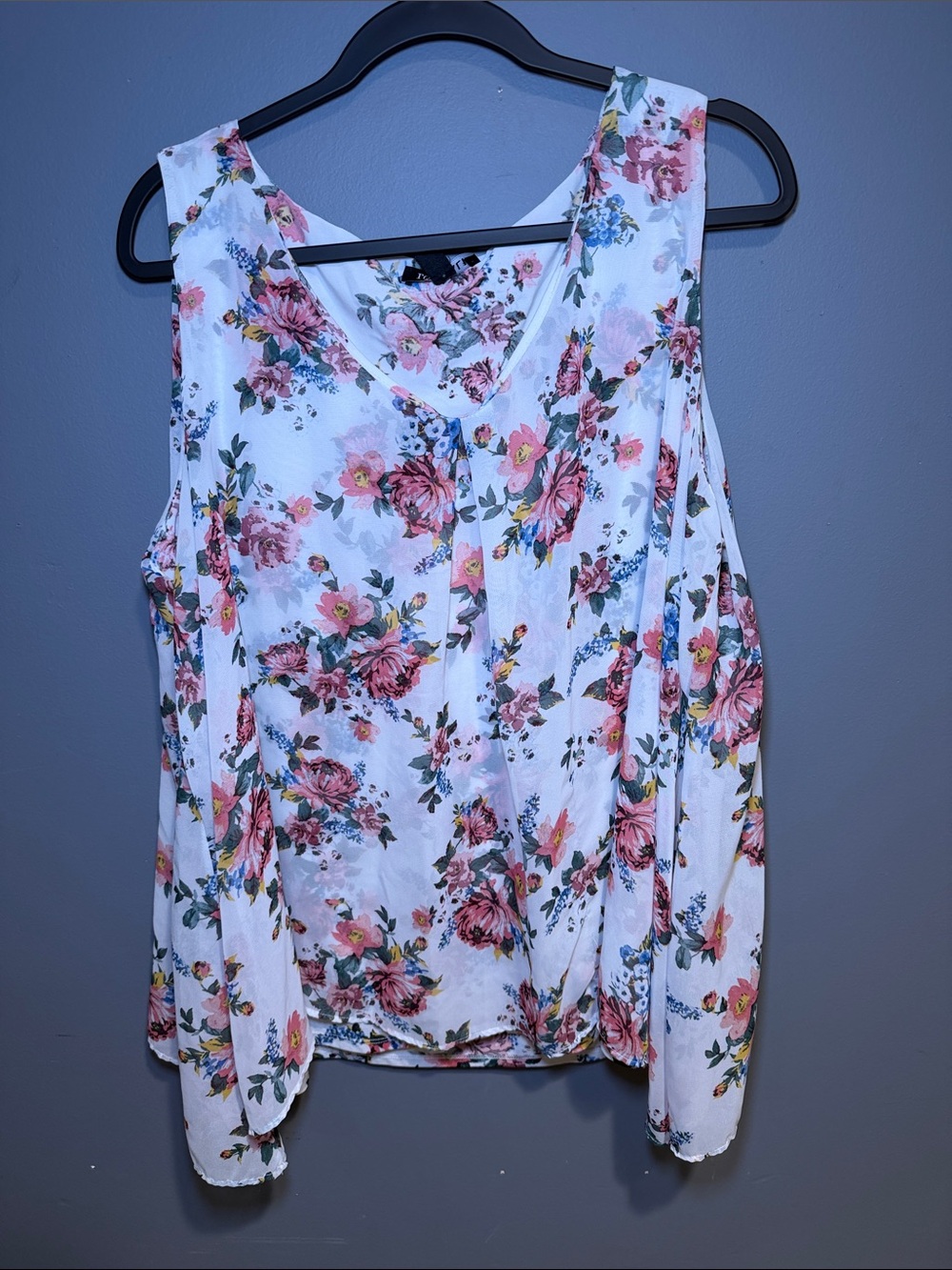Floral V-Neck Cold-Shoulder Tank Top - White with Pink Floral